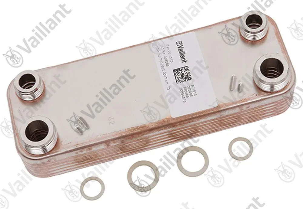 Vaillant Wärmetauscher mit mehreren Anschlüssen und Dichtungen, auf einer Oberfläche liegend, mit sichtbaren Markenkennzeichnungen.